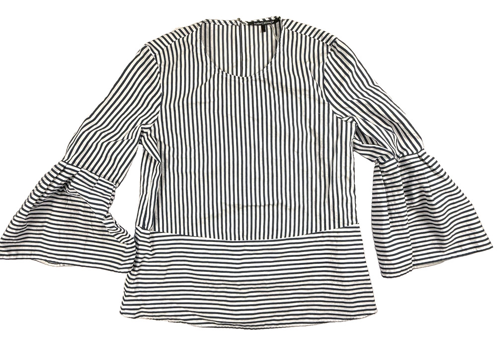 Luisa Cerano Striped Bell Sleeve Blouse Top Navy White Flared Cuff Size 4 Preppy
